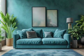 Turquoise sofa and big posters. Interior design of modern living room.