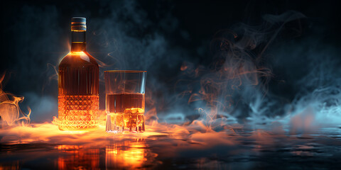 "Isolated shot of whiskey with splash on black background, The glass of cognac or brandy isolated on a black background alcohol cocktail ice cubes fall into a glass
