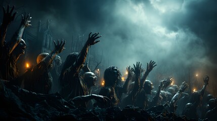 Halloween night background of numerous scary and creepy zombie hands rising from dark shadows, creating a spooky atmosphere ideal for horror themed celebrations and events - obrazy, fototapety, plakaty