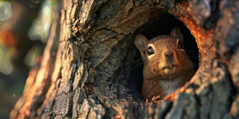 Obraz premium the squirrel is peeking through a hole in the tree, generative AI