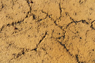 Close up textured abstract background of cracks in an asphalt road that is painted yellow