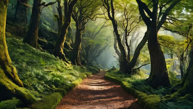 Forest Path: A scenic trail through lush woods, adorned with greenery, winding its way amidst trees, foliage, and nature's beauty