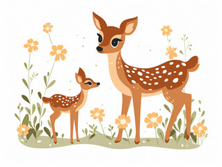 illustration of a roe deer with a cub on a white background