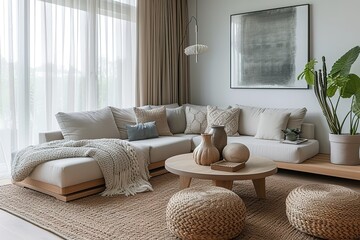 Fototapeta na wymiar A minimal, scandinavian-inspired interior design featuring a cozy living room with a large, inviting couch and a stylish coffee table invites relaxation and comfort See Less