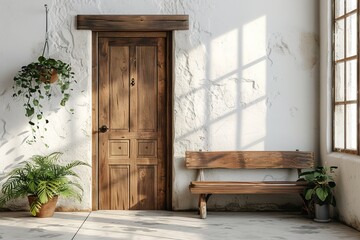 Fototapeta na wymiar beautiful wooden door with old wood bench white background wall home interior design concept