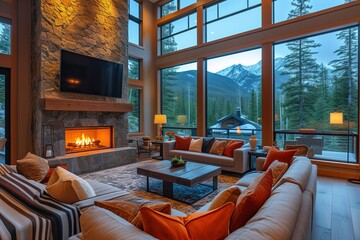 Beautiful Living Room in New Luxury Home with Fireplace and Roaring Fire. Large Bank of Windows Hints at Exterior View - obrazy, fototapety, plakaty