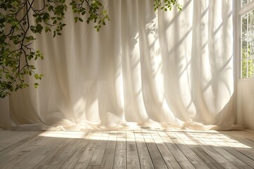 Blank clean beige cream fabric texture wallpaper wall, wood laminated parquet floor in sunlight, tree foliage shadow for luxury interior, fashion, beauty, cosmetic, skincare product background 