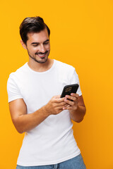 Obrazy na Plexi  Man phone smartphone space smiling portrait copy communication cyberspace