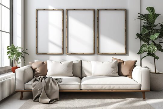 Blank picture frame mockup on white wall. Modern living room design. View of modern scandinavian style interior with sofa. Three square templates for artwork, painting, photo or poster See Less