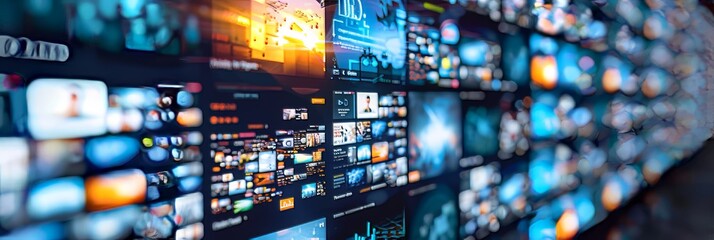 Multimedia background with diverse channel images for web streaming tv video technology concept.