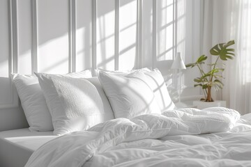 Close up Bed pillow detail element home interior contemporary bedroom with white soft bed pillow arrange bedroom in daylight house beautiful detail design background,ai generate See Less