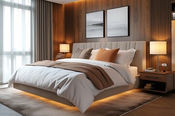 Cozy bedroom interior in a contemporary design. The room is in pastel brown with a large double bed. Double room in hotel AI Generated
