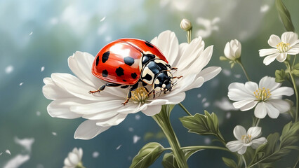 A beautiful natural background with a ladybug rests on a delicate white flower, its wings gently fluttering in the soft breeze and the ladybug and its surroundings invites a sense of peace