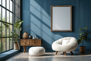 Elegant modern living room interior design with fluffy armchair, pouf, wooden commode, mock up poster frame and modern home accessories. Blue wall. Template. Copy space. See Less