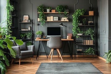 Dark open space living room interior with metal rack, grey armchair and plants in the background and study corner hairpin desk, books and empty monitor in the foreground