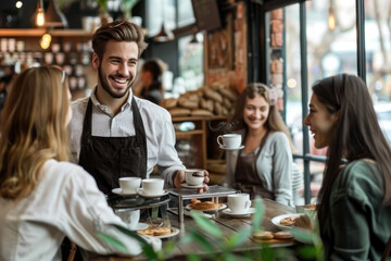 Happy waiter serving coffee to young women in a cafe