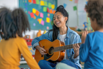 Happy teacher playing acoustic guitar and singing with preschool student during music class