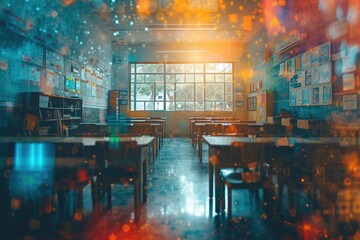 Generative ai picture collage of classroom interior with school supply for teaching learning little pupils kids - obrazy, fototapety, plakaty