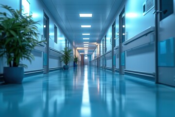 Hospital hallway, reception clinic. Unfocused background.
