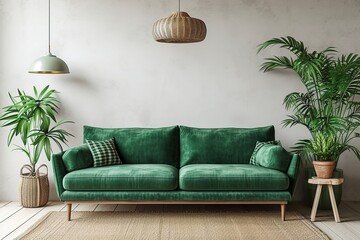 interior house with simple white background mock up. grey velvet sofa with green plaid on . modern space concept. 3d render. Illustration