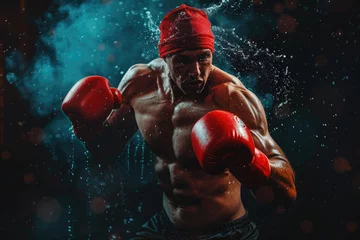 Zelfklevend Fotobehang Kickboxing man in activewear and red kickboxing gloves performing a martial arts kick © Kien