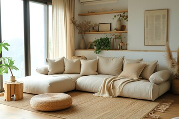 Japandi living room interior with cozy beige couch, modern minimalist design of apartment