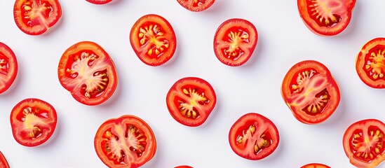 A top-down view of a group of freshly sliced tomatoes arranged neatly on a clean white surface. The vibrant red color of the tomatoes contrasts beautifully against the white background, making them