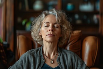 Middle aged woman meditating at home with eyes closed, relaxing body and mind in a living room. Mental health and meditation for no stress concept. Self care and wellbeing. High quality photo See Less