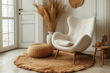 Modern armchair and pouf on brown carpet in white apartment interior with door. Real photo