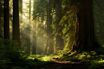 Enthralling Wilderness: Sun-Kissed Canopy Over Dense Green Forest - obrazy, fototapety, plakaty