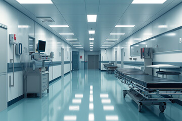 Naklejka na ściany i meble Interior of modern hospital building with emergency empty room and nurses station.