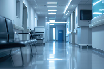 Interior of modern hospital building with emergency empty room and nurses station. - obrazy, fototapety, plakaty