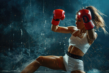 Kickboxing woman in activewear and red kickboxing gloves performing a martial arts kick - obrazy, fototapety, plakaty