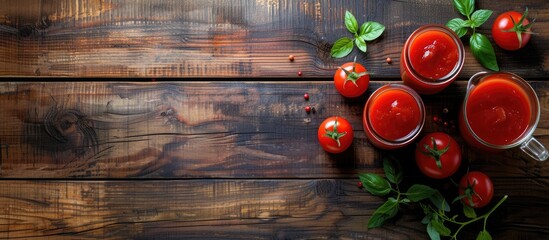 A group of ripe tomatoes and a cup of fresh tomato juice are arranged on a wooden table, showcasing the vibrant colors and textures of the produce. The top view allows for a clear view of the juicy - obrazy, fototapety, plakaty