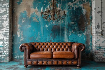 Old vintage interior with leather sofa