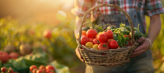 Organic farmer presenting basket of fresh vegetables on blurred farm background