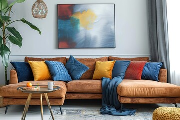 Real photo of a cozy, brown corner sofa with decorative cushions standing in a bright living room interior with an abstract painting