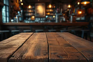 Foto op Plexiglas Rustic empty wooden table. Vintage pub interior. Dark wood counter. Restaurant space. Abstract bar scene © abstract Art