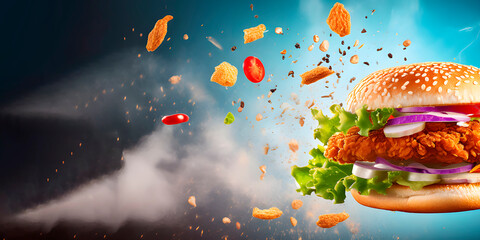 Fresh crispy burger with its ingredients, ready to eat, Food banner with space for text