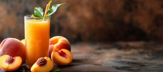 Glass of freshly squeezed peach juice with ripe peaches and copy space