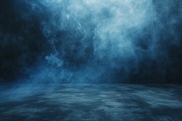 The concrete floor and studio room with smoke float up the interior texture for display products Dark street, asphalt abstract dark blue background - obrazy, fototapety, plakaty
