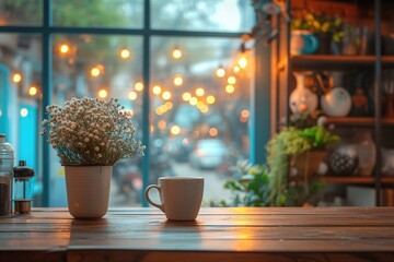 This stunning coffee shop photograph featuring a cozy shelf and table setup, perfect for a cafe or restaurant decor. The bokeh effect in the background adds a touch of magic to the scene See Less - obrazy, fototapety, plakaty