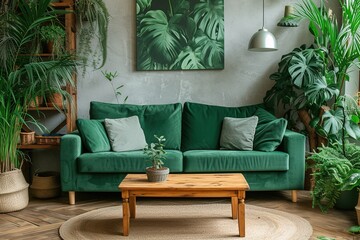 Wooden table in front of green couch in spacious living room interior with plants and lamps. Real photo