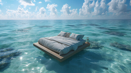 Double bed floating in middle of water, elegant bed linen. generative ai 