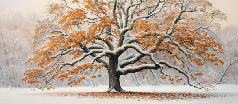 A painting depicting a majestic maple tree standing tall in the snowy landscape of early winter. The tree branches are covered in a thick layer of snow, creating a serene and tranquil winter scene.