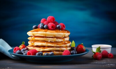 A stack of fluffy pancakes with a pat of melting butter and a drizzle of maple syrup