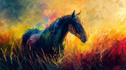 An artistic portrayal of a horse with iridescent hues set against a vibrant, chiaroscuro-styled field background