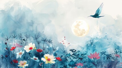 Obraz premium Abstract watercolor painting of whimsical flowers bathed in the soft glow of a full moon with a bird in flight