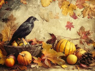 A captivating rustic still life composition featuring traditional autumn symbols, including a crow, pumpkins, and fallen leaves - obrazy, fototapety, plakaty