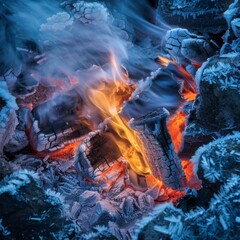 A visually striking composition highlighting the dramatic contrast between the warmth of fire and the cold of frost - obrazy, fototapety, plakaty